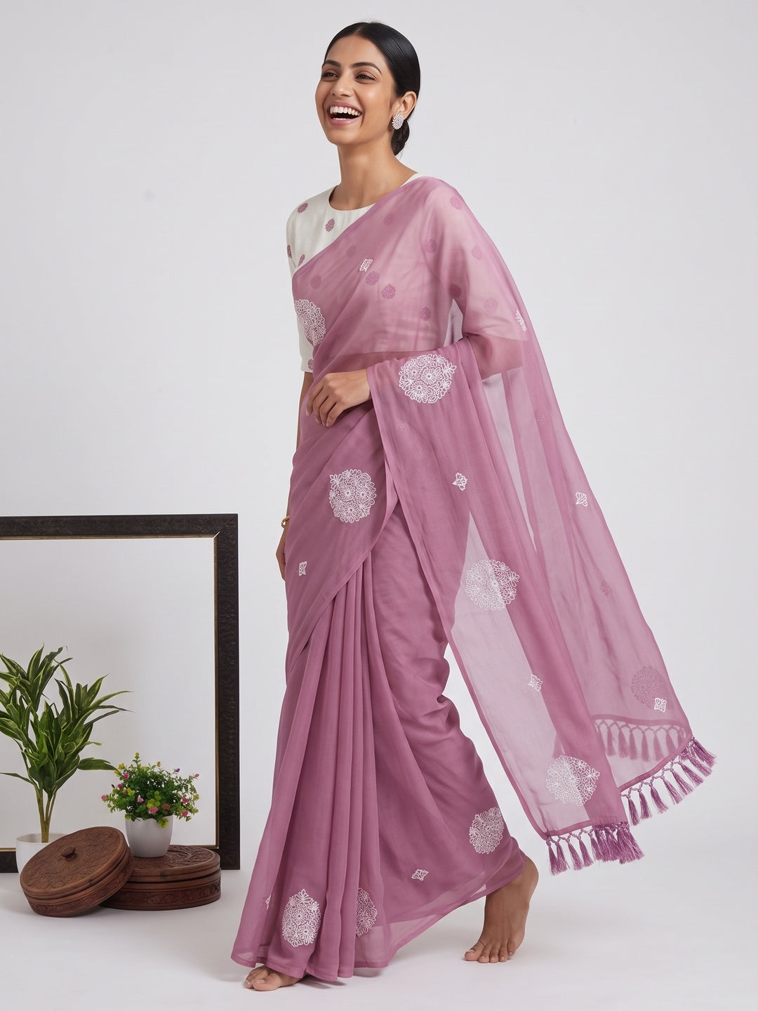 Pink Embroidered Chiffon Saree With Elegant Tassel Borders - Image 4