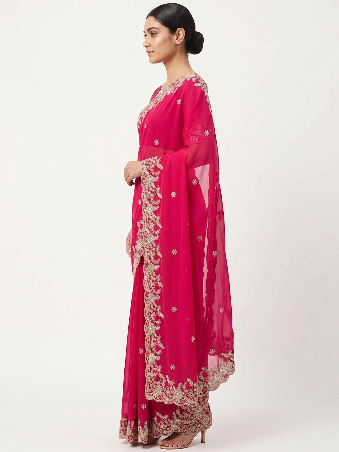 Party Wear Pink Floral Embroidered Crepe Saree with Elegant Sequin Finish - Image 3
