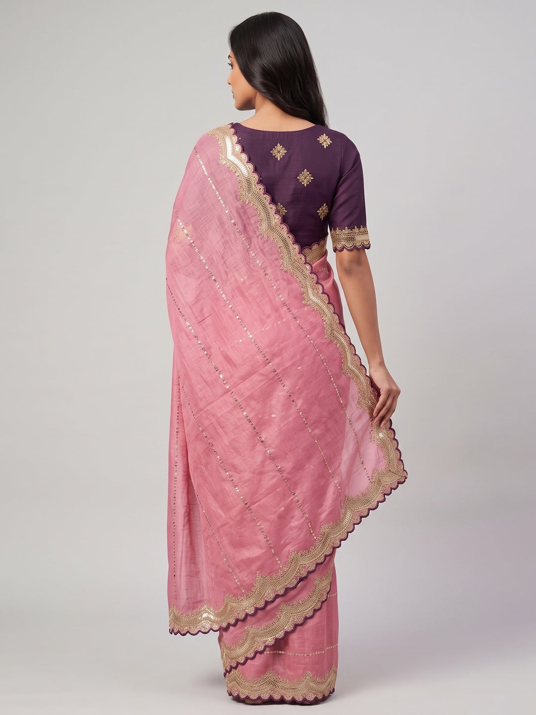 Gajari Pink Sequins Embroidered Tussar silk Saree - Image 2