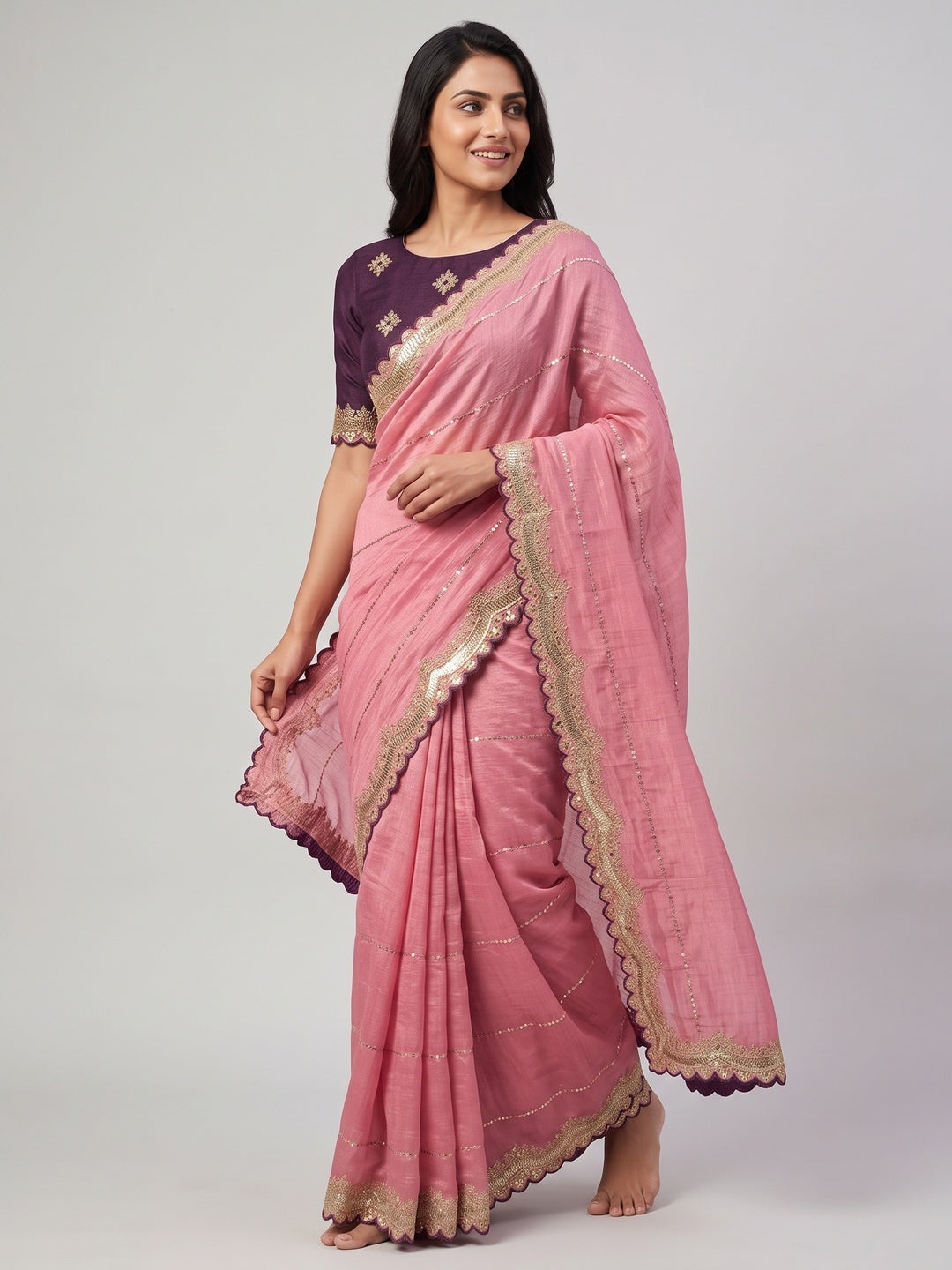 Gajari Pink Sequins Embroidered Tussar silk Saree - Image 4