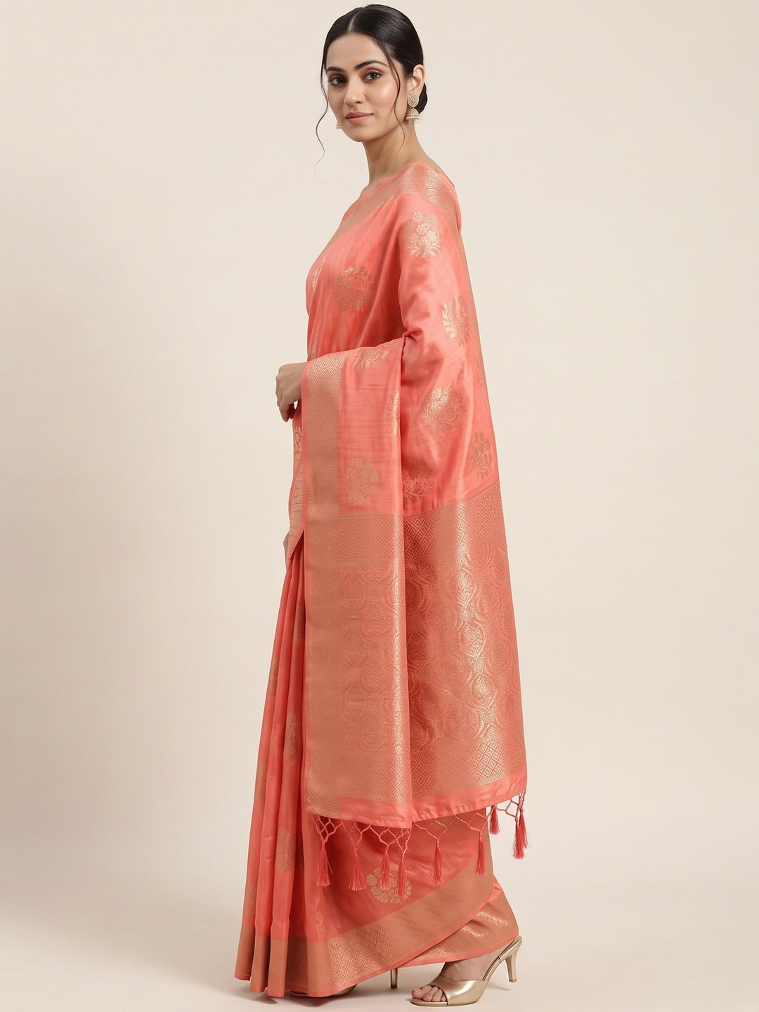 Coral Pink Floral Zari Woven Tusser Cotton Silk Saree With Stylish Tassel Pallu - Image 3