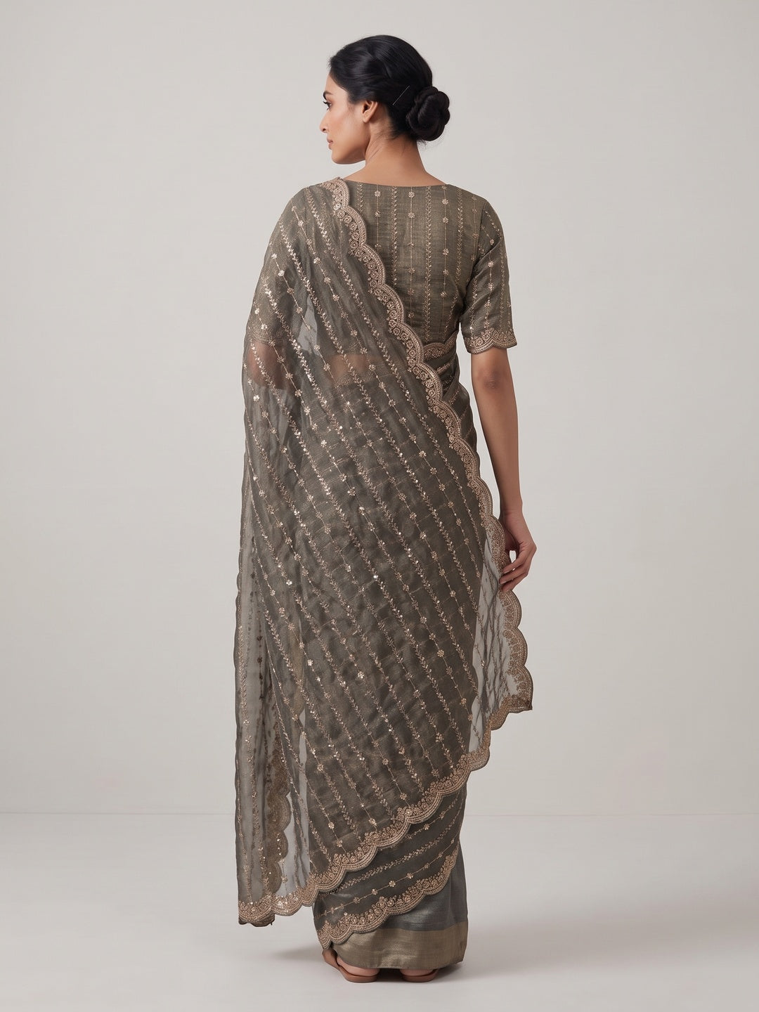 Elegant Grey Silk Saree Adorned With Floral Sequins Embroidery & Cutwork Zari Border - Image 2