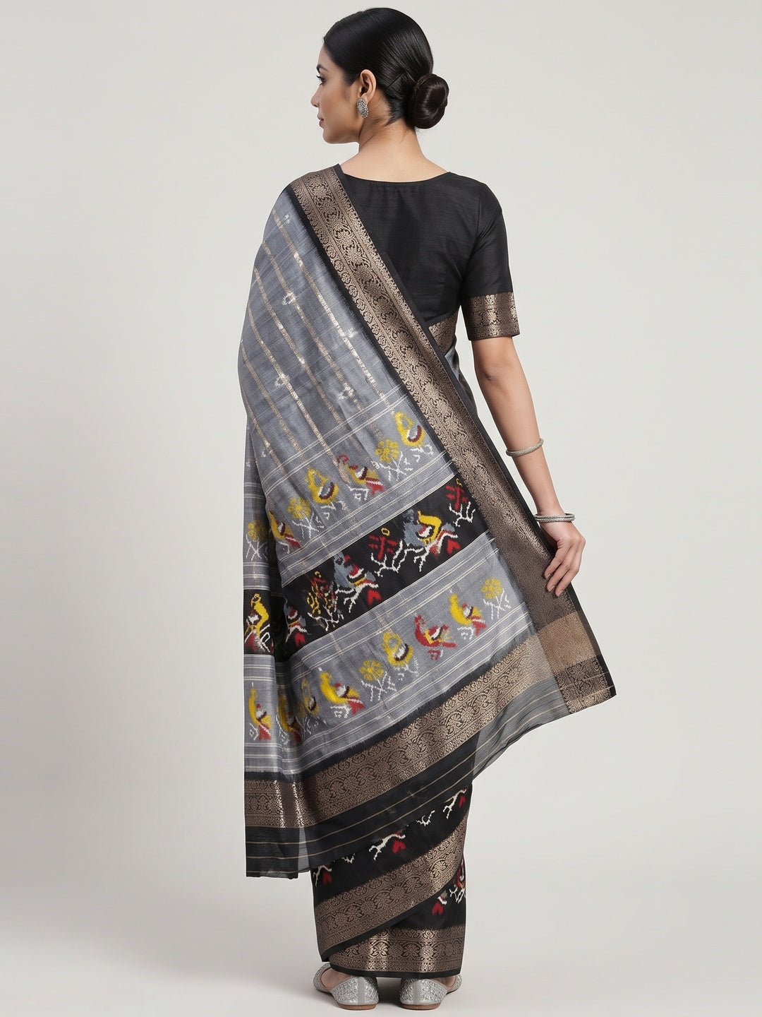 Grey & Black Ikkat Printed Dola Silk Saree With Elegant Weaving Work - Image 2