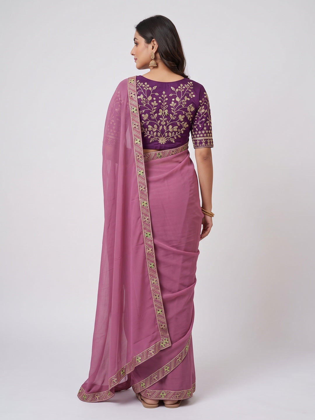 Timeless Onion Pink Solid Georgette Saree Finished With Graceful Floral Hand Embroidered Lace Border - Image 6