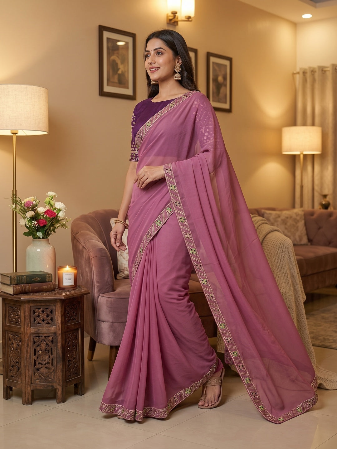 Timeless Onion Pink Solid Georgette Saree Finished With Graceful Floral Hand Embroidered Lace Border - Image 8