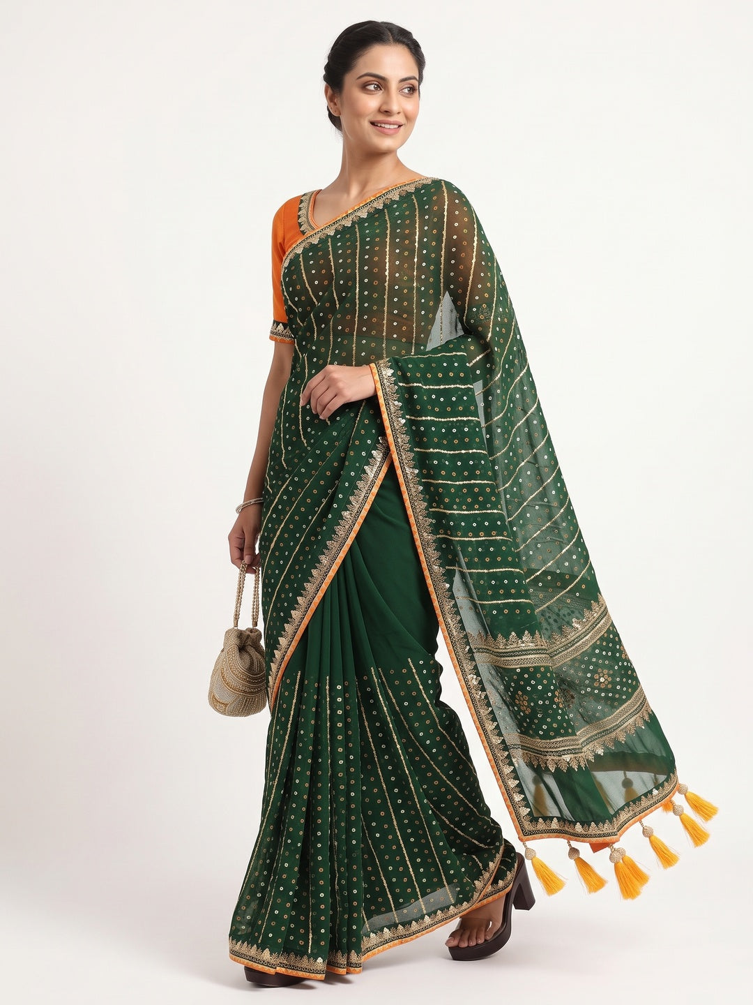 Charming Green Bandhani Printed Georgette Saree With Glittering Sequins & Zari Border - Image 4