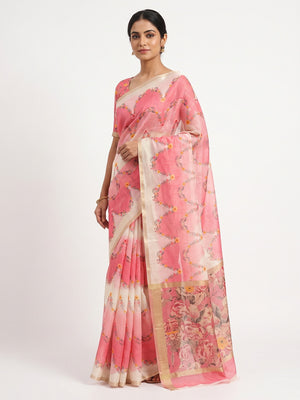 Gajari Pink Floral Digital Printed Chanderi Cotton Saree - Image 1