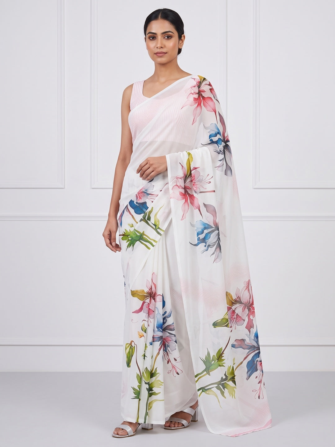 White Sparkle Star Georgette Saree Adorned With Floral Digital Prints - Image 1