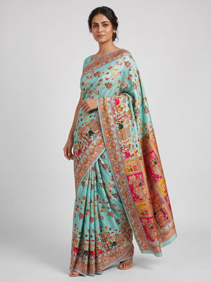 Royal Turquoise Pashmina Silk Saree with Rajwadi Zari Weaving - Image 1