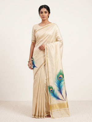 Charming Cream Soft Tussar Cotton Silk Saree With Peacock Feathers Print - Image 1