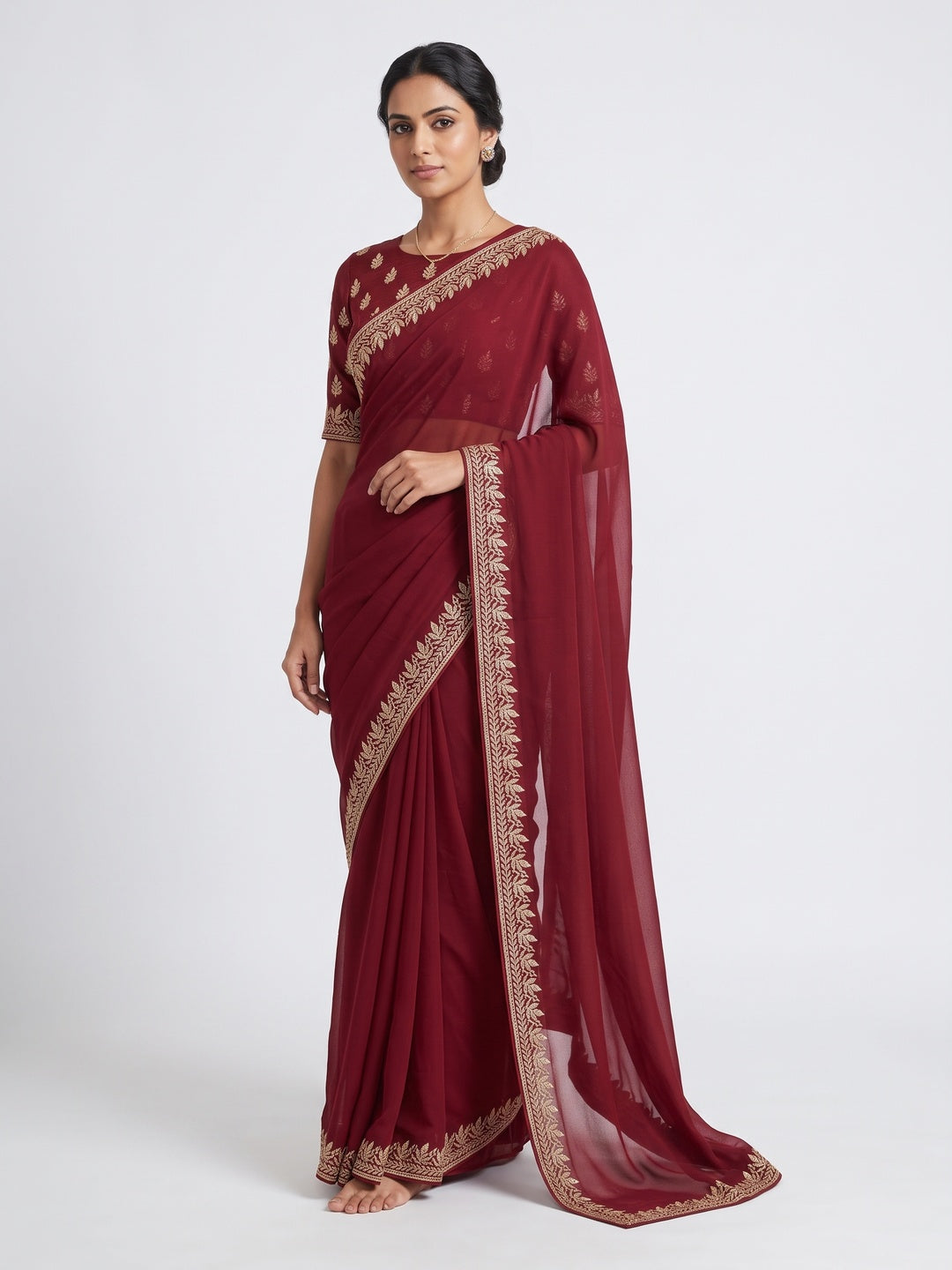 Stylish Maroon Star Chiffon Saree with Traditional Zari Embellished Border - Image 1