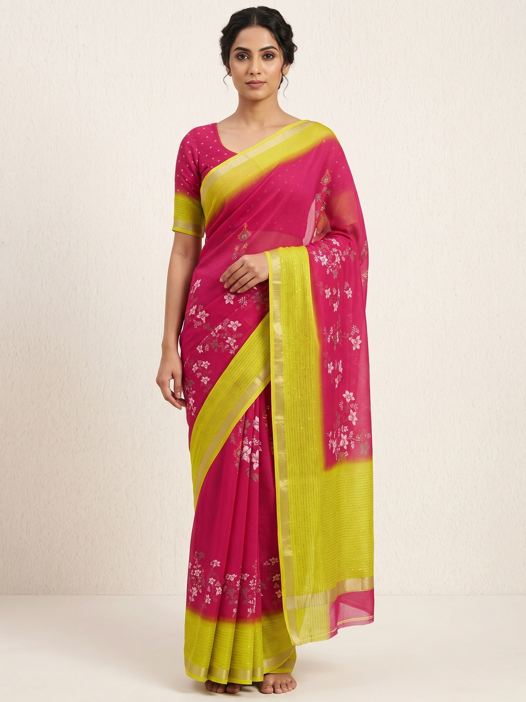 Rani Pink Floral Printed Moss Georgette Saree With Elegant Zari & Sequins Border Work - Image 1