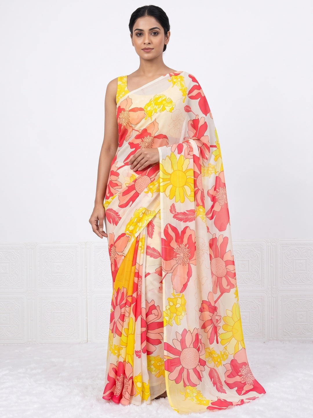 Yellow Sparkle Star Georgette Saree Adorned With Floral Digital Prints - Image 1