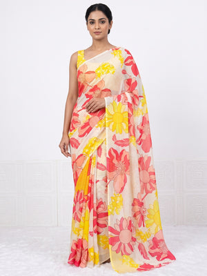 Yellow Sparkle Star Georgette Saree Adorned With Floral Digital Prints - Image 1