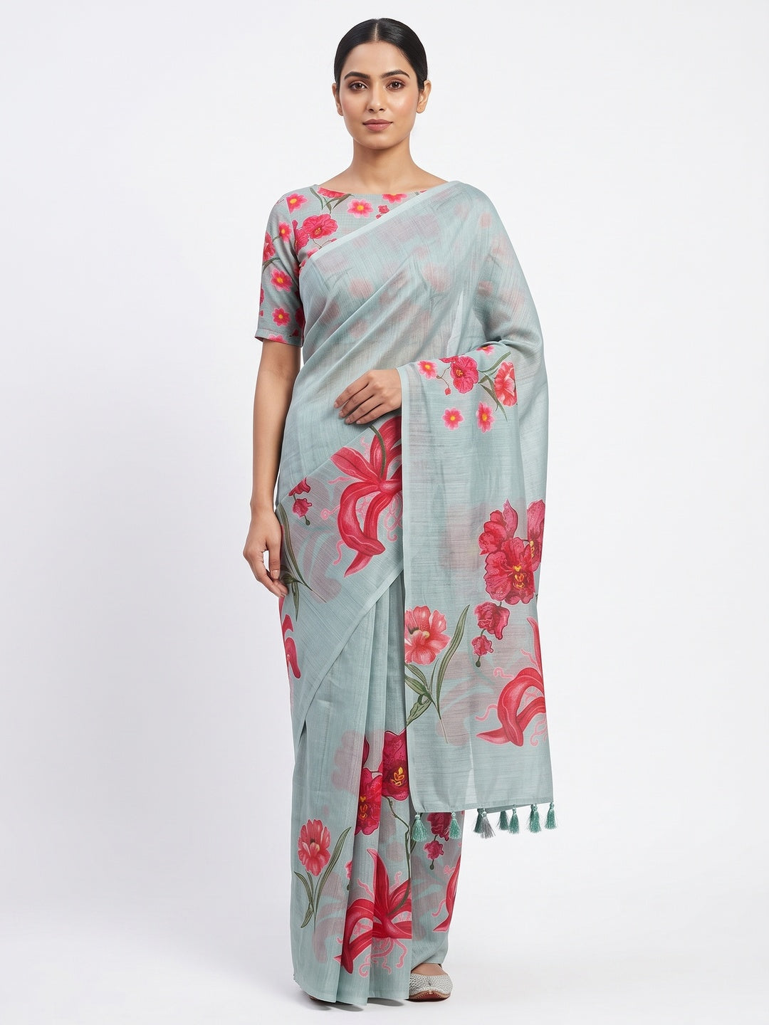 Sea Green Chanderi Cotton Saree Featuring Digital Floral Prints & Decorative Tassel Pallu - Image 1
