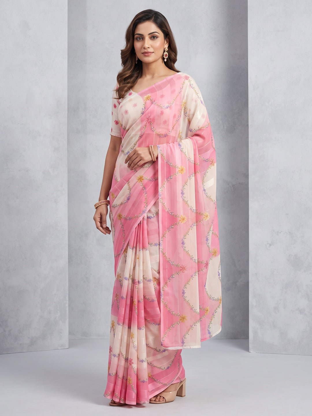 Pink Bloom Floral Digital Printed Georgette Saree Accentuated With Graceful Zari Stripes - Image 6