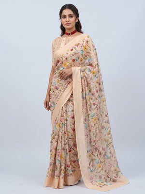 Peach Bloom Floral Digital Printed Georgette Saree Accentuated With Graceful Zari Stripes - Image 1