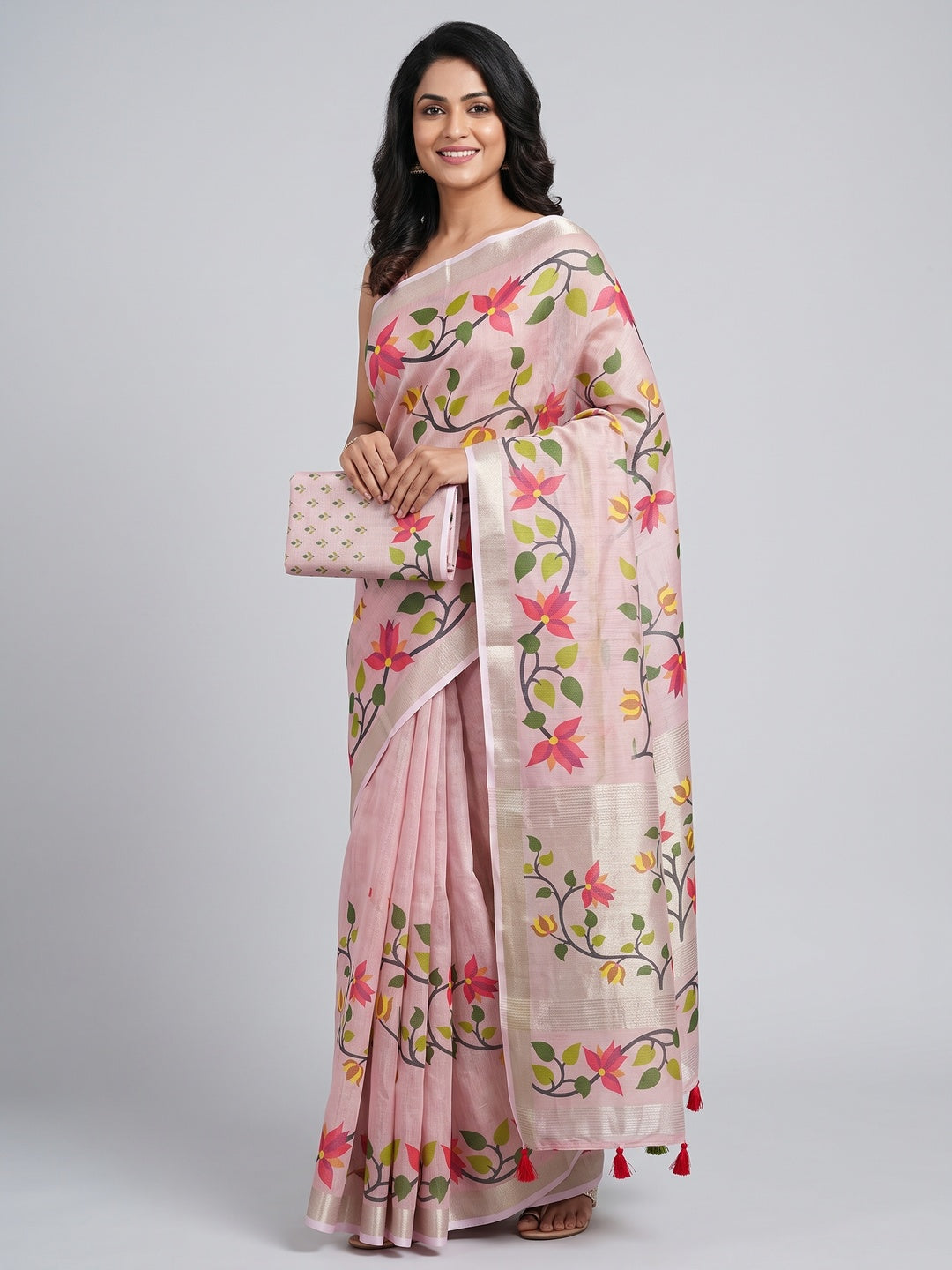 Pink Floral Printed Tissue Cotton Silk Saree Enhanced with a Classic Zari Weaving Border - Image 1