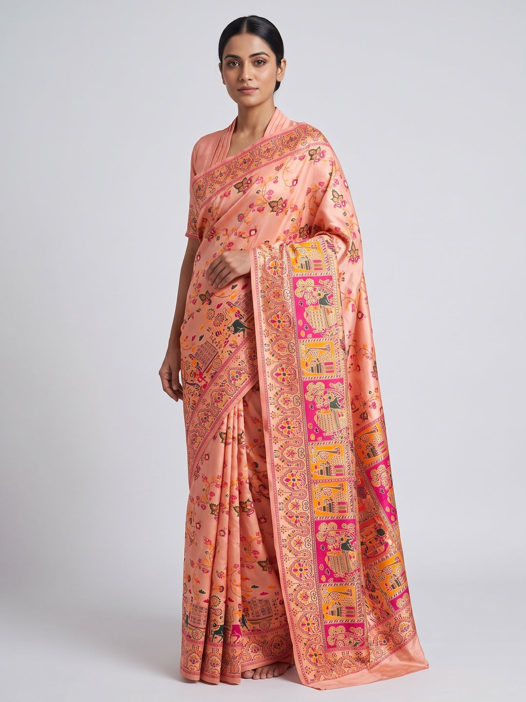 Royal Peach Pashmina Silk Saree with Rajwadi Zari Weaving - Image 1