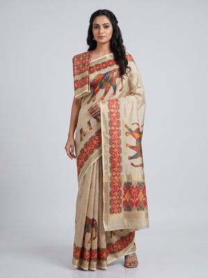 Beige Digital Print Saree in Premium Tissue Cotton Silk for Festive & Elegant Styling - Image 1