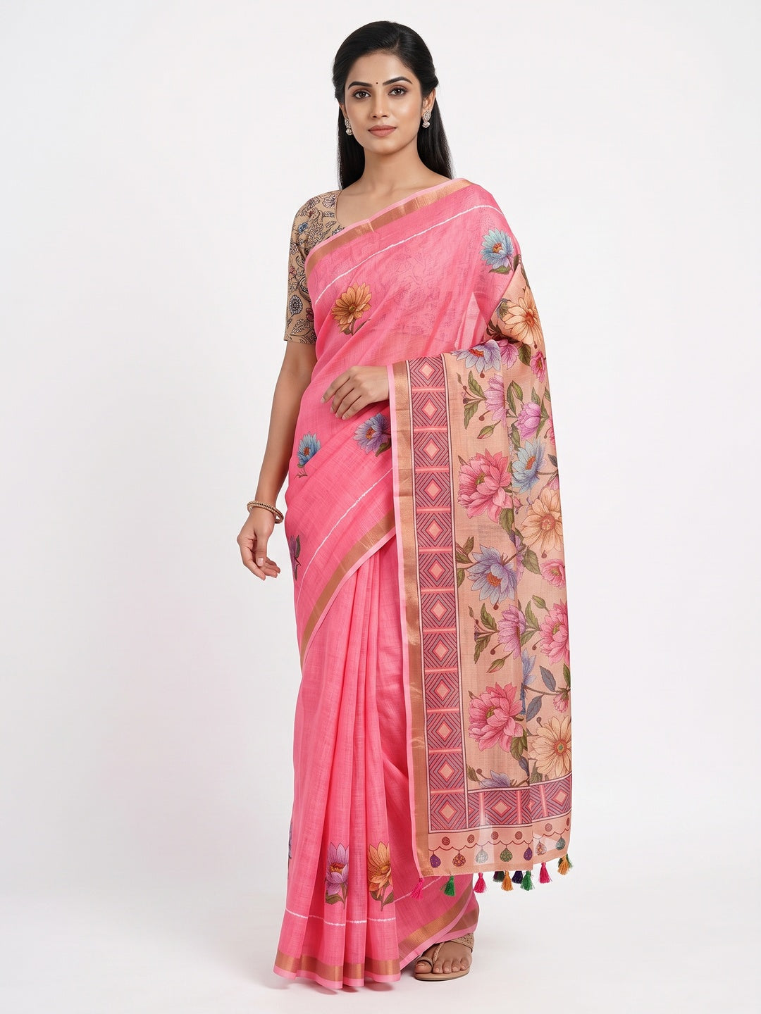 Elegant Pink Floral Digital Printed Linen Cotton Saree With Woven Border & Tassel Pallu - Image 1