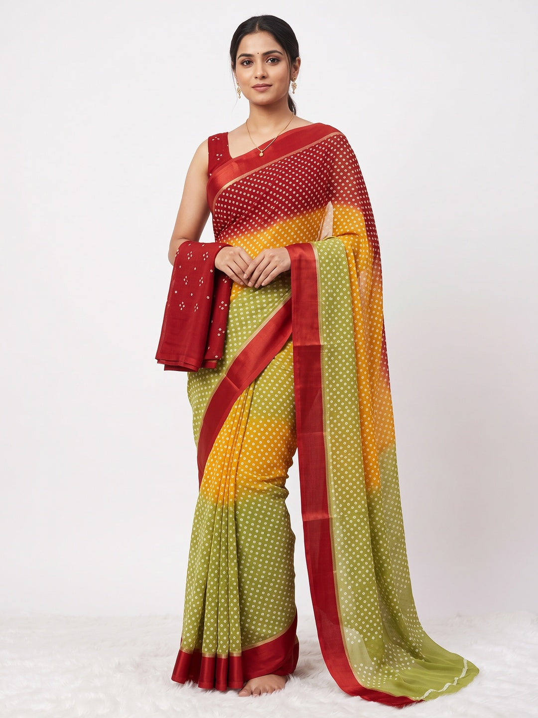 Designer Bandhani Saree in Green & Red Crafted from Soft Moss Georgette - Image 1