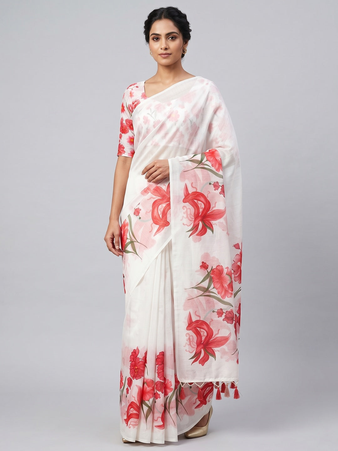 White Chanderi Cotton Saree Featuring Digital Floral Prints & Decorative Tassel Pallu - Image 1