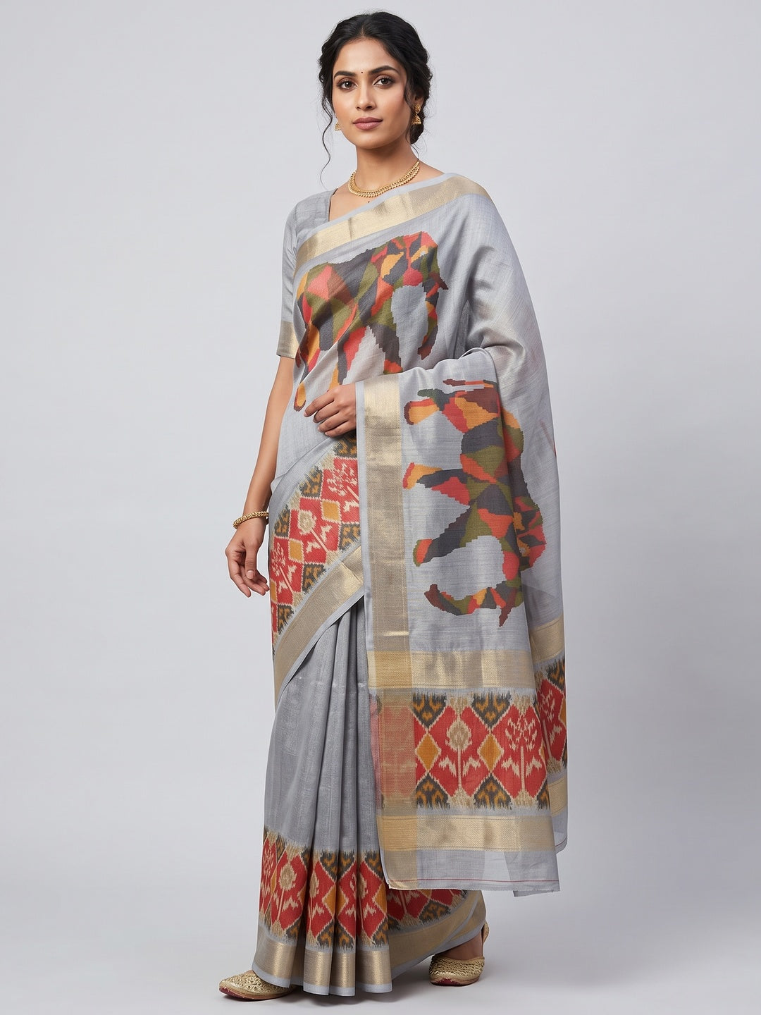 Grey Digital Print Saree in Premium Tissue Cotton Silk for Festive & Elegant Styling - Image 1
