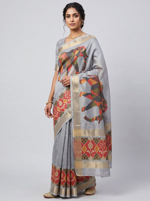 Grey Digital Print Saree in Premium Tissue Cotton Silk for Festive & Elegant Styling - Image 1