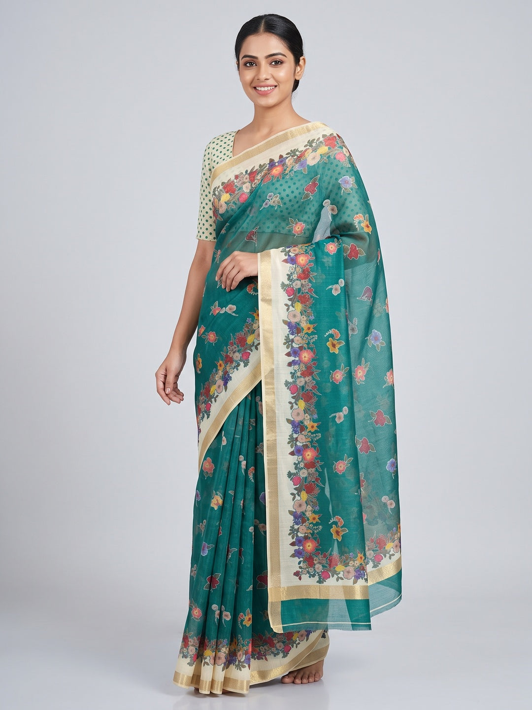 Green Floral Digital Print Chanderi Cotton Saree Enhanced With Charming Zari Weaving Border - Image 1