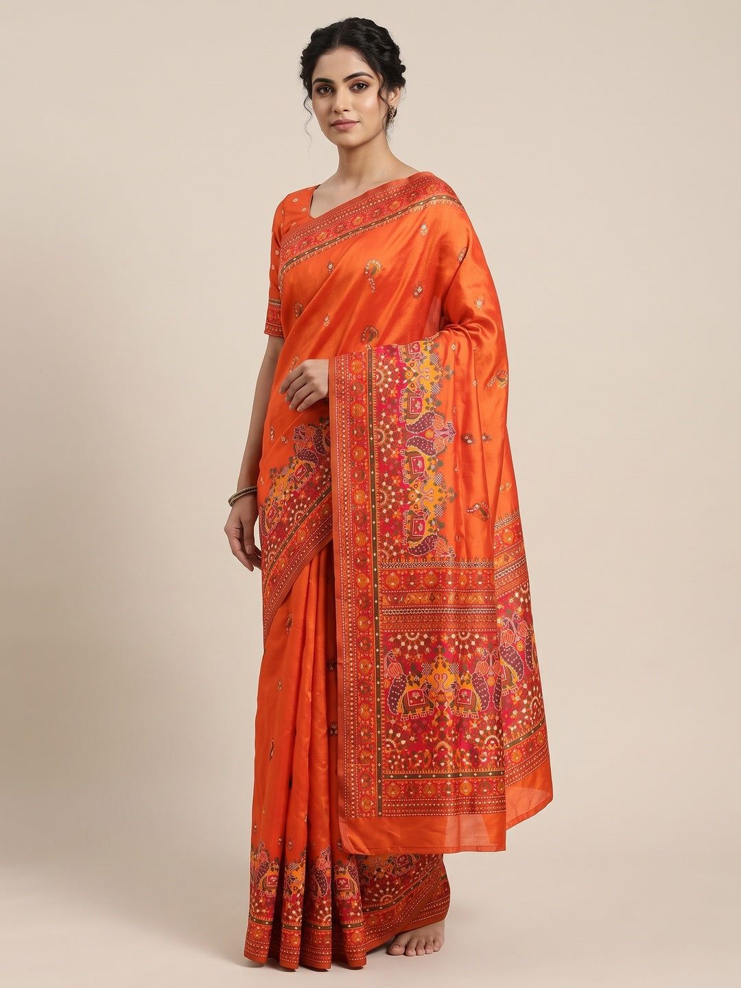 Orange Pashmina Silk Weaving Saree Designed in Classic Rajwadi Style for Festive Wear - Image 1