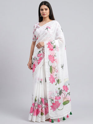 Elegant White Linen Saree with Pichwai Lotus Print and Tassel Detail - Image 1
