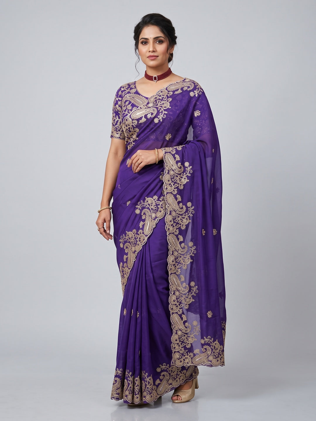 Violet Silk-Blend Saree Featuring Delicate Embroidery and Shimmering Sequins Work - Image 1