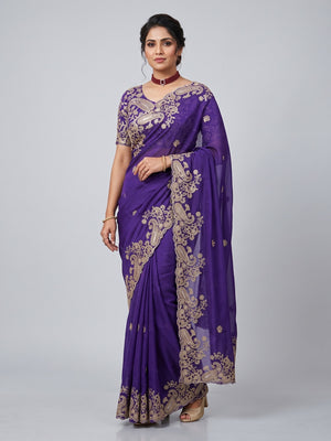 Violet Silk-Blend Saree Featuring Delicate Embroidery and Shimmering Sequins Work - Image 1