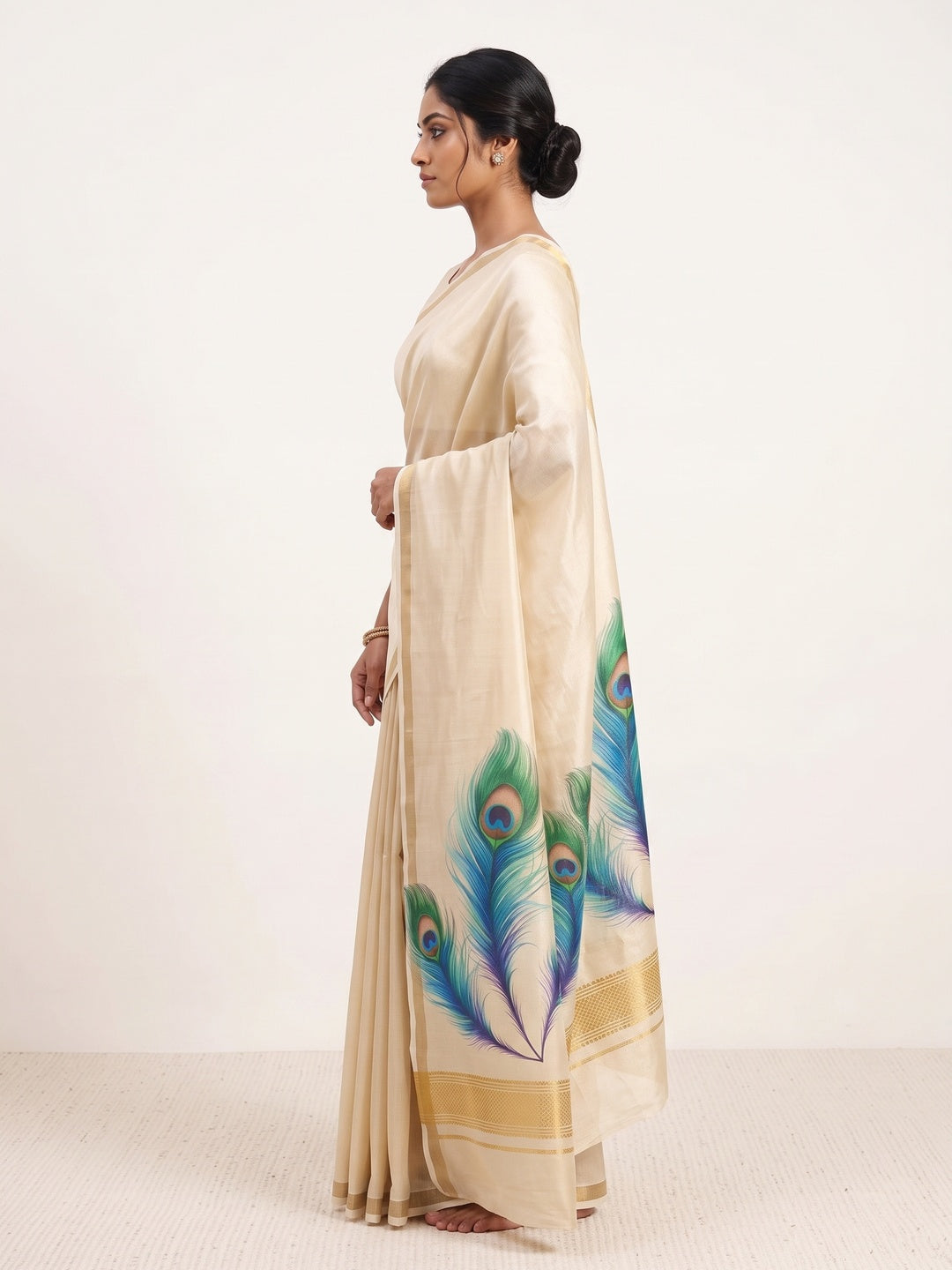 Charming Cream Soft Tussar Cotton Silk Saree With Peacock Feathers Print - Image 3