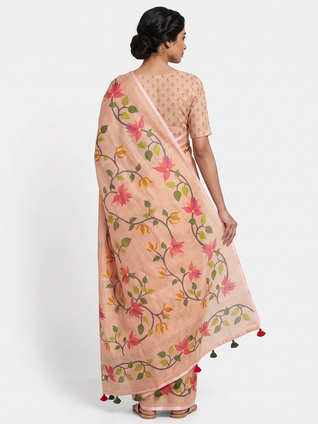 Peach Floral Printed Tissue Cotton Silk Saree Enhanced with a Classic Zari Weaving Border - Image 2
