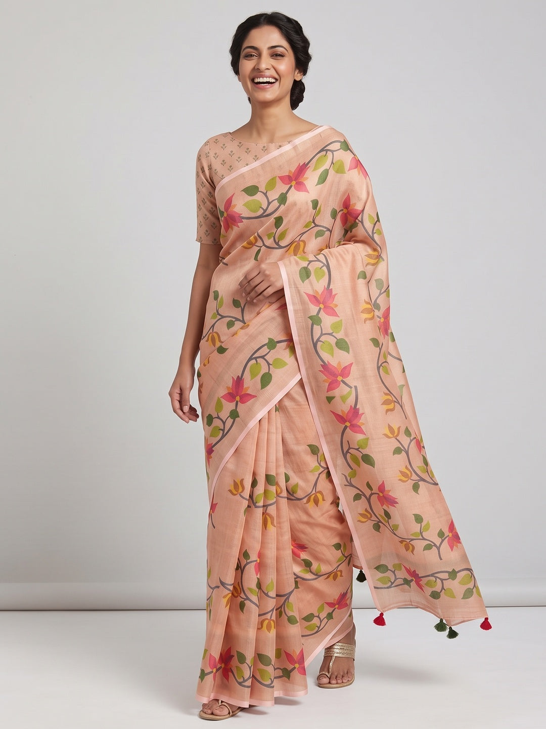 Peach Floral Printed Tissue Cotton Silk Saree Enhanced with a Classic Zari Weaving Border - Image 4