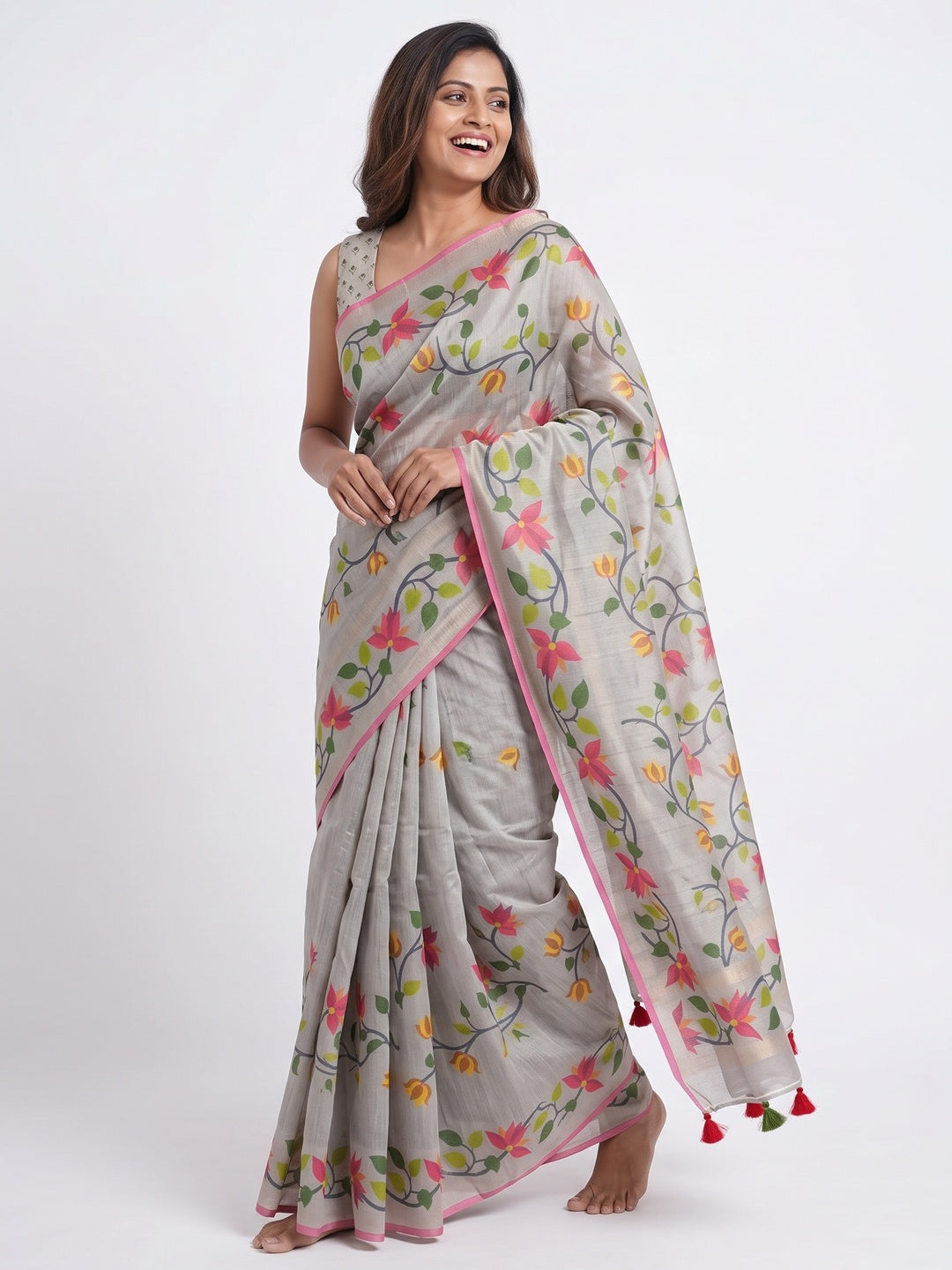 Grey Floral Printed Tissue Cotton Silk Saree Enhanced with a Classic Zari Weaving Border - Image 4
