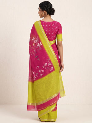 Rani Pink Floral Printed Moss Georgette Saree With Elegant Zari & Sequins Border Work - Image 2