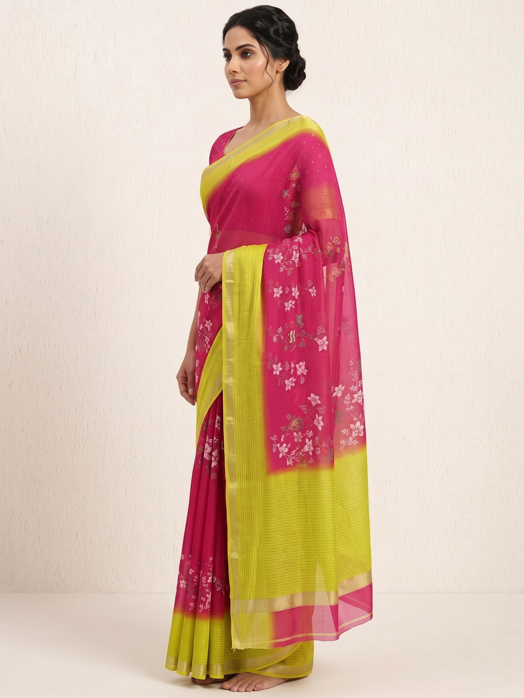 Rani Pink Floral Printed Moss Georgette Saree With Elegant Zari & Sequins Border Work - Image 3