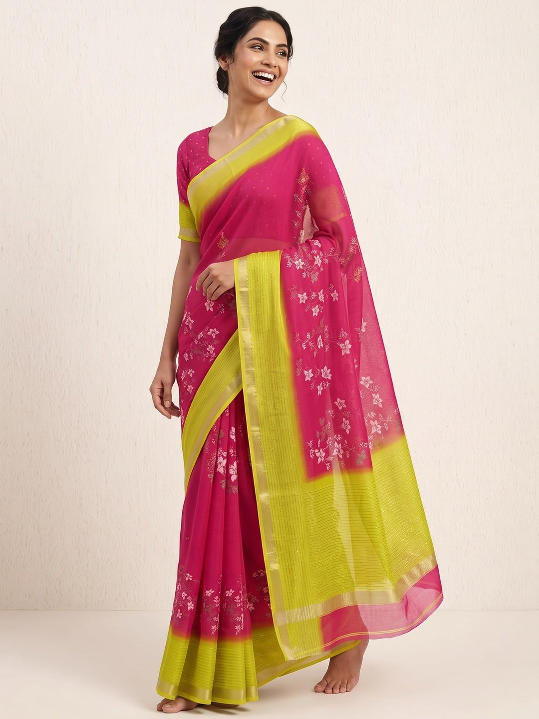 Rani Pink Floral Printed Moss Georgette Saree With Elegant Zari & Sequins Border Work - Image 4