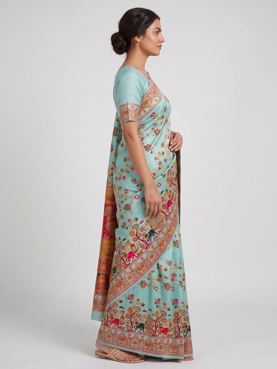 Royal Turquoise Pashmina Silk Saree with Rajwadi Zari Weaving - Image 3