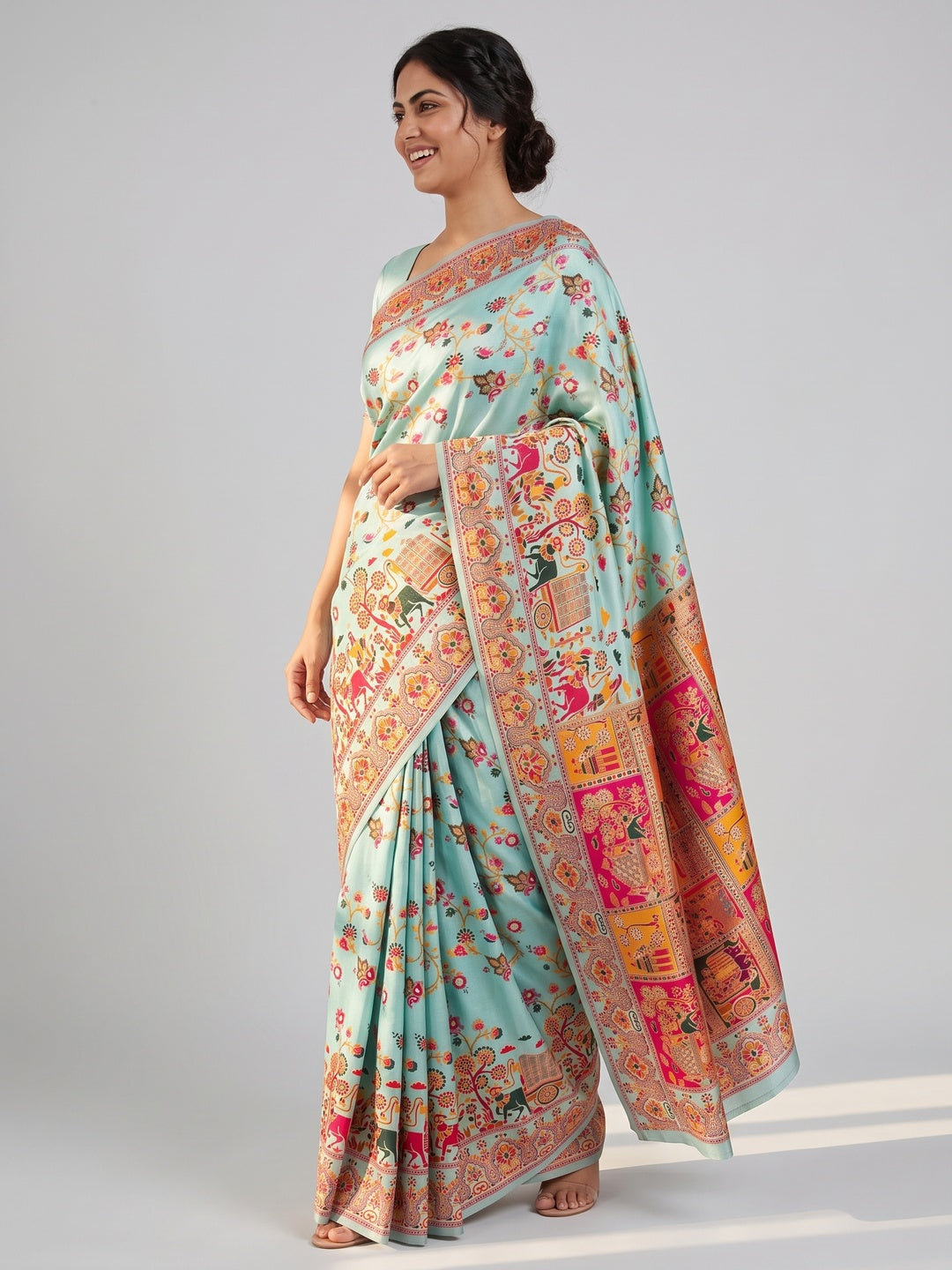 Royal Turquoise Pashmina Silk Saree with Rajwadi Zari Weaving - Image 4