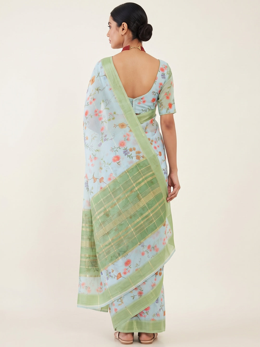 Sky Blue Bloom Floral Digital Printed Georgette Saree Accentuated With Graceful Zari Stripes - Image 2