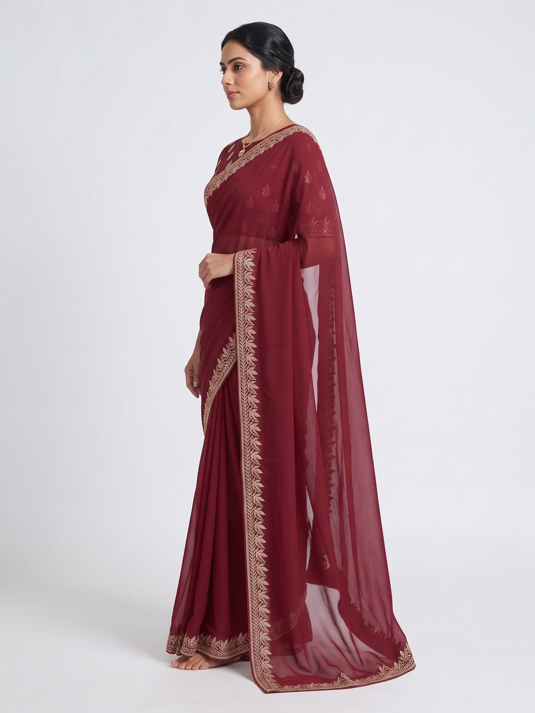 Stylish Maroon Star Chiffon Saree with Traditional Zari Embellished Border - Image 3