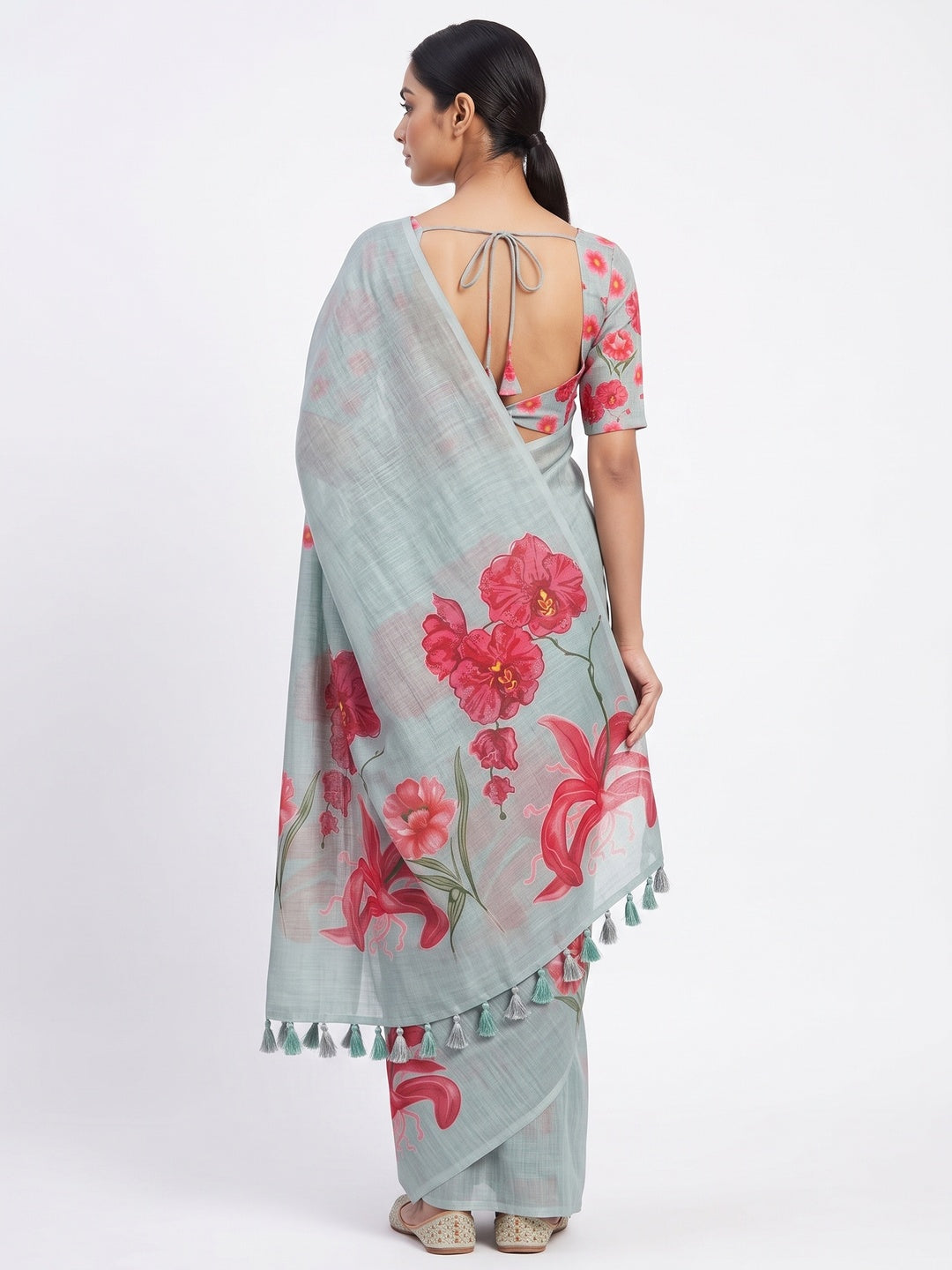 Sea Green Chanderi Cotton Saree Featuring Digital Floral Prints & Decorative Tassel Pallu - Image 2