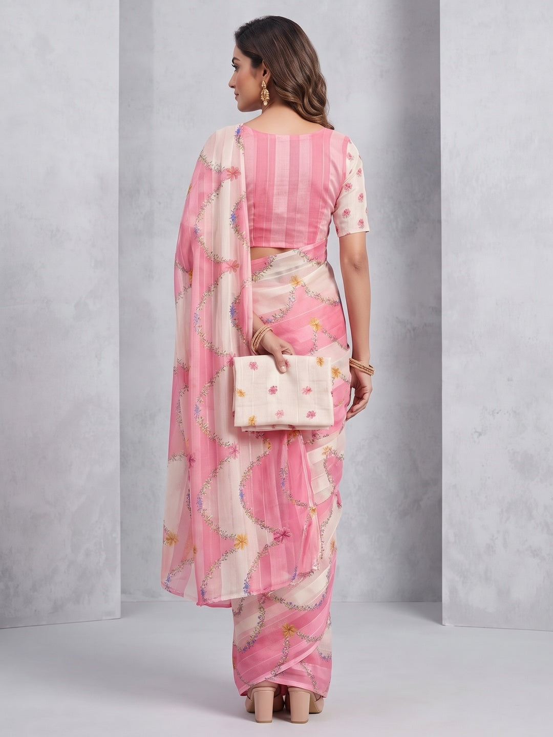 Pink Bloom Floral Digital Printed Georgette Saree Accentuated With Graceful Zari Stripes - Image 7