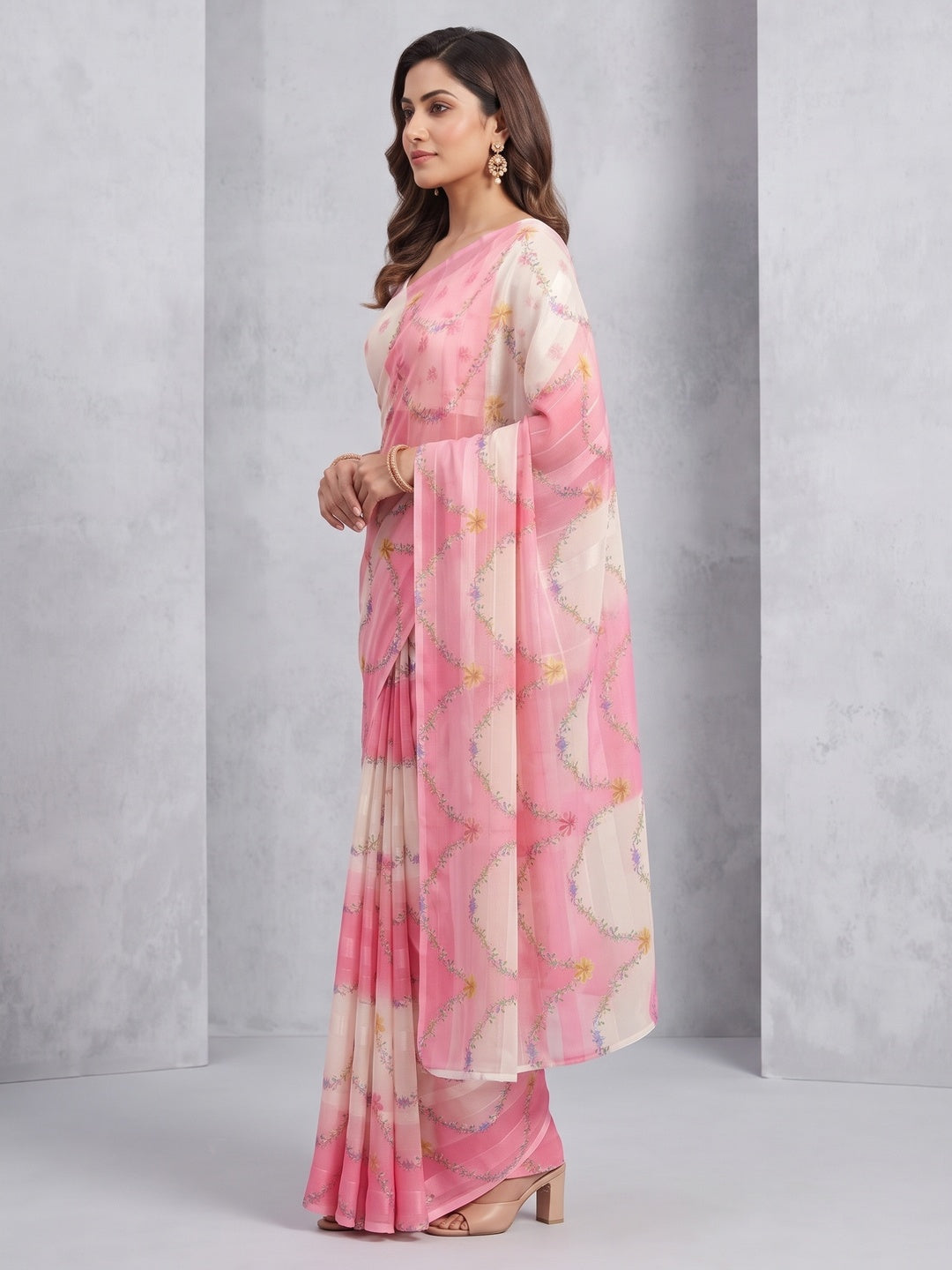 Pink Bloom Floral Digital Printed Georgette Saree Accentuated With Graceful Zari Stripes - Image 8