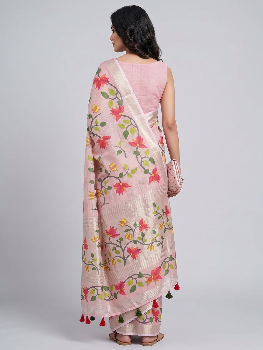 Pink Floral Printed Tissue Cotton Silk Saree Enhanced with a Classic Zari Weaving Border - Image 2