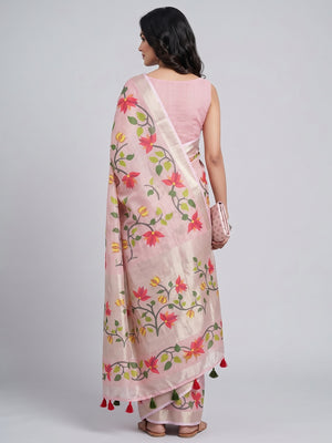 Pink Floral Printed Tissue Cotton Silk Saree Enhanced with a Classic Zari Weaving Border - Image 2